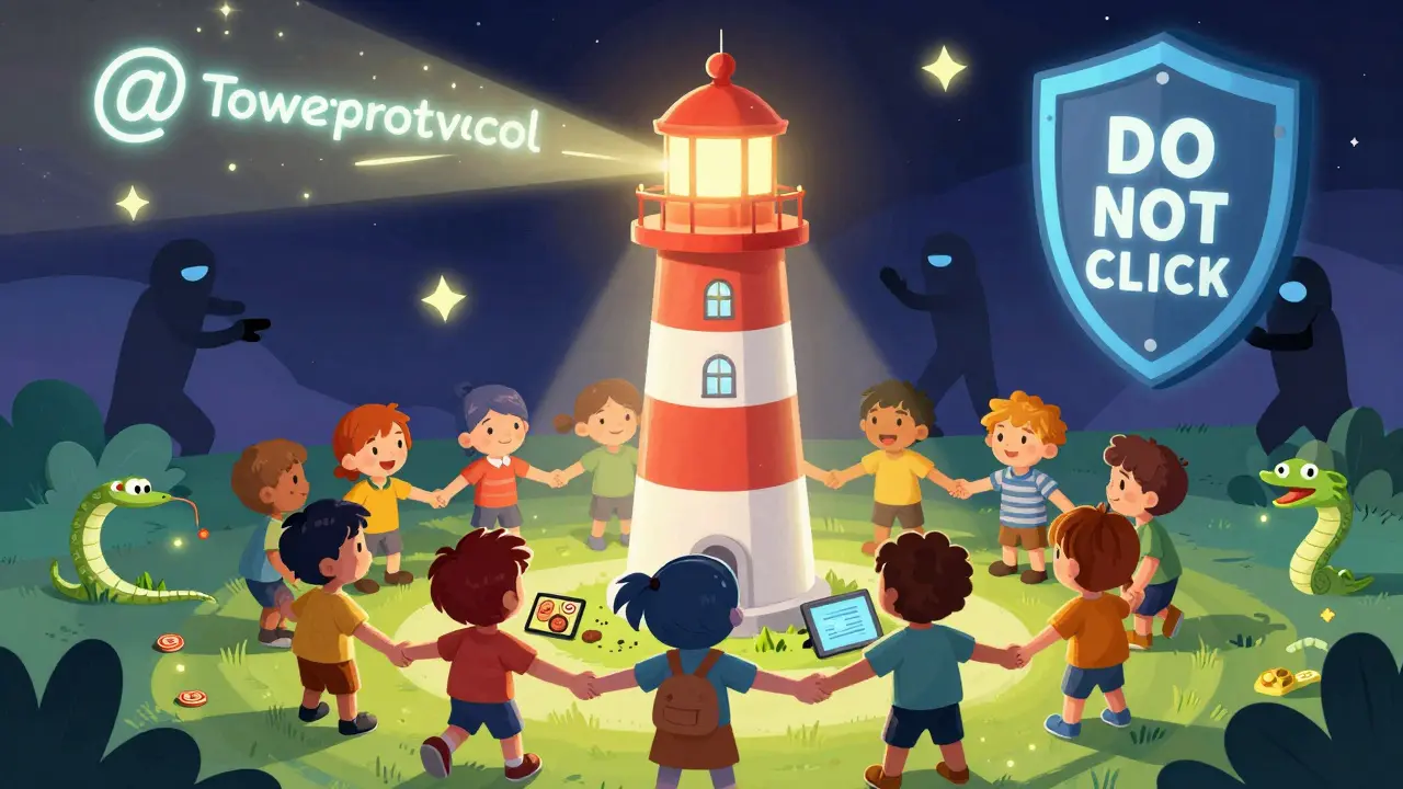 Kids stand around a spinning TOWER token lighthouse while scammer figures are pushed away by a shield.