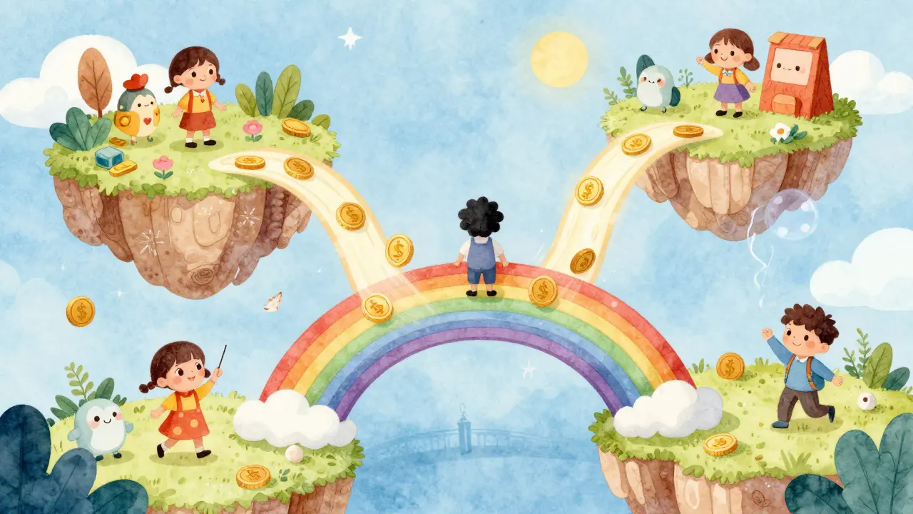 Rainbow bridge connecting blockchain islands with tokens flowing