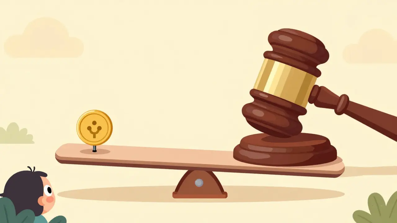 Seesaw with tiny token symbol and heavy gavel, highlighting regulatory risks.