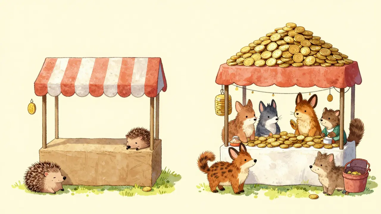 Small hedgehog at empty stall vs large crowd at busy market stall