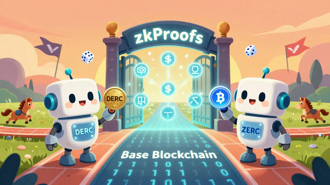 Two robots exchange old and new crypto tokens across a glowing bridge marked 'Base Blockchain'.
