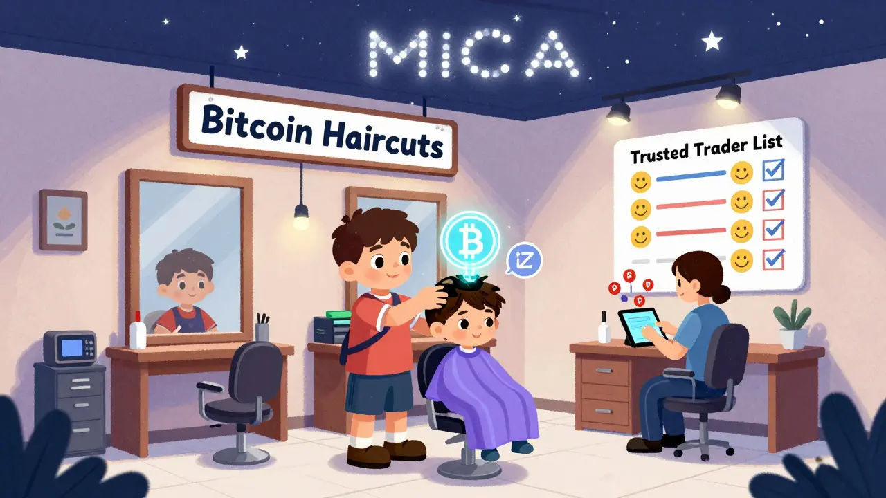 A barber accepts Bitcoin for a haircut, with a designer trading USDT, under a starry sky shaped like EU regulation.