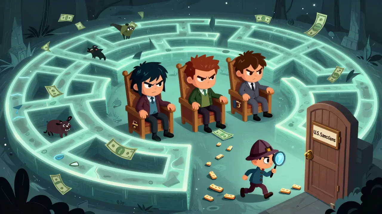 A blockchain maze with dollar bills fleeing, while a detective follows breadcrumbs to locked wallets.