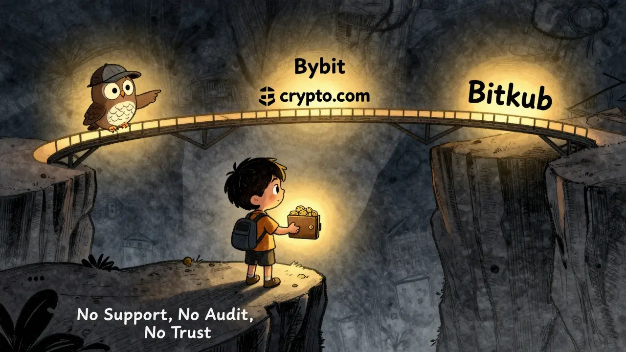 A child at a cliff's edge with dark danger ahead, guided by glowing bridges to trusted exchanges.