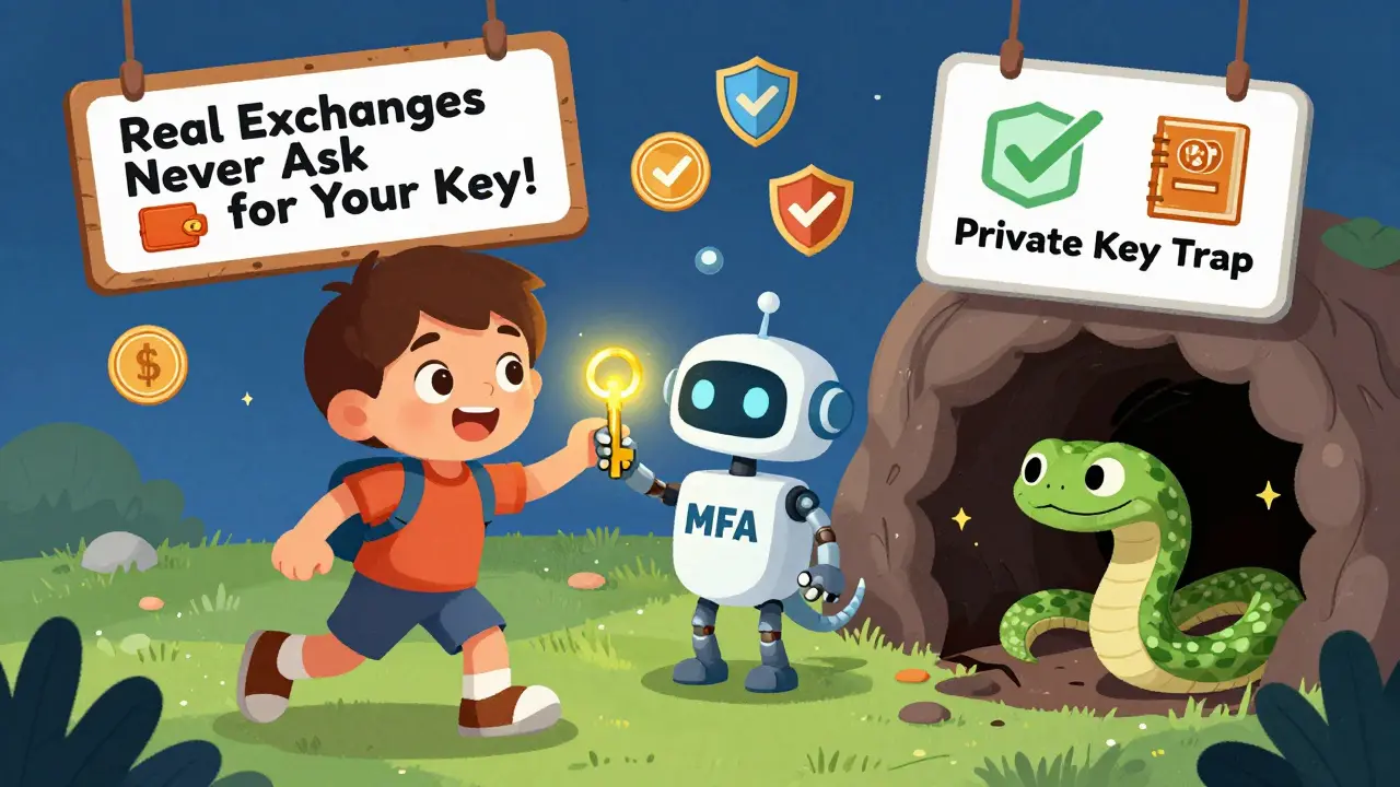 A child gives a key to a robot labeled 'MFA' as a sneaky snake slithers away from a 'Private Key Trap' sign.