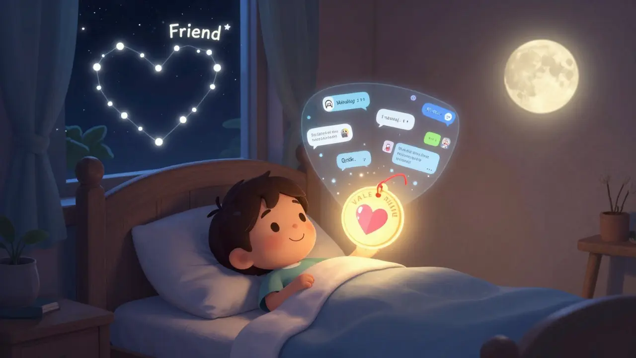 A child sleeping as a glowing VALENTINE token hovers beside them, projecting AI chat memories.