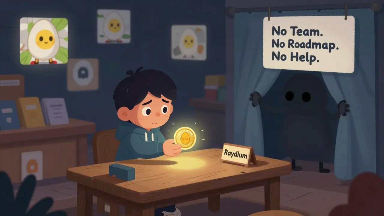 A child trading a Solana coin for a single EGG token at a lonely decentralized exchange table.