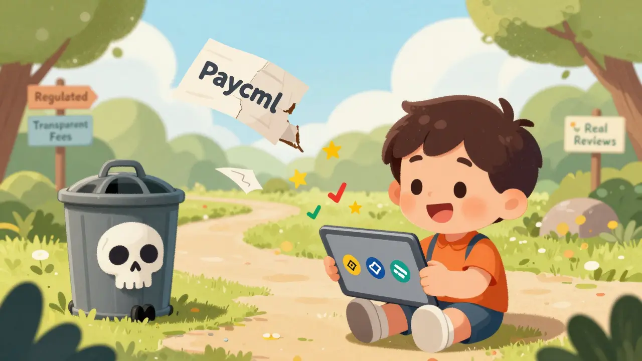 A child uses a tablet with trusted crypto apps as a torn 'Paycml' paper blows away into a skull-shaped trash can.