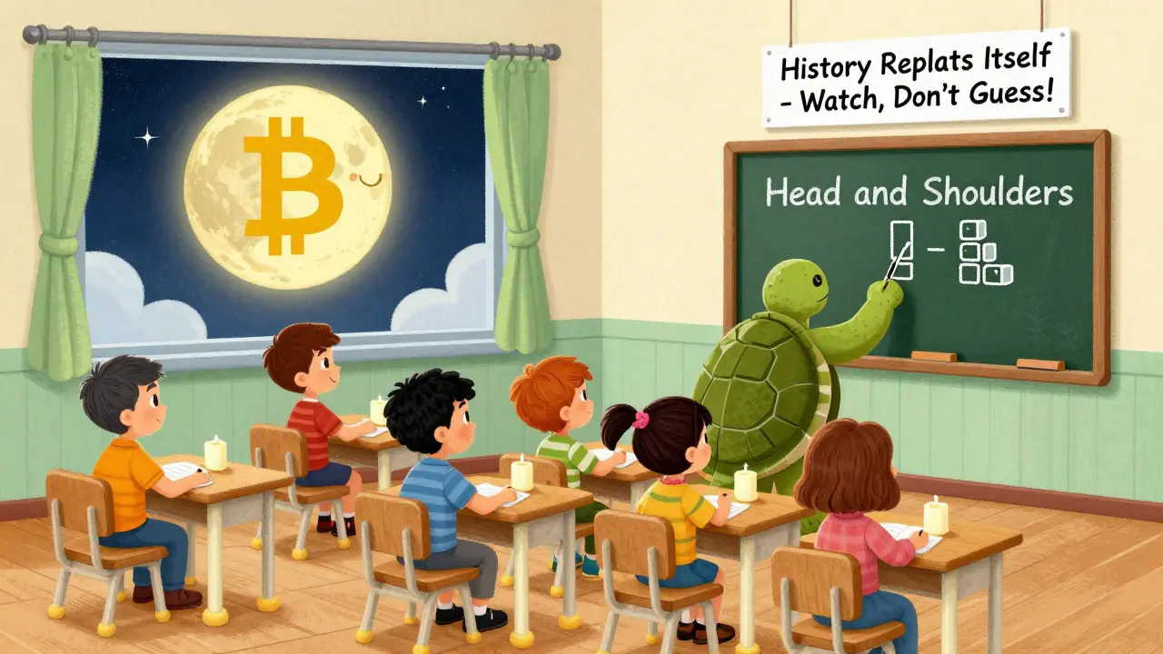 A classroom of cartoon traders learning chart patterns from a wise turtle teacher with a blockchain chalkboard.