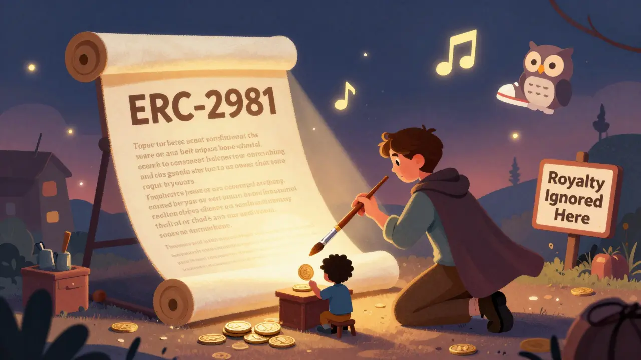 A collector reads a glowing smart contract that sends light to a creator's workshop, with floating NFTs and a warning owl.