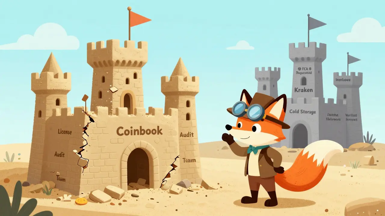 A detective fox examines a crumbling sandcastle labeled 'Coinbook' beside sturdy, verified exchanges with safety flags flying.