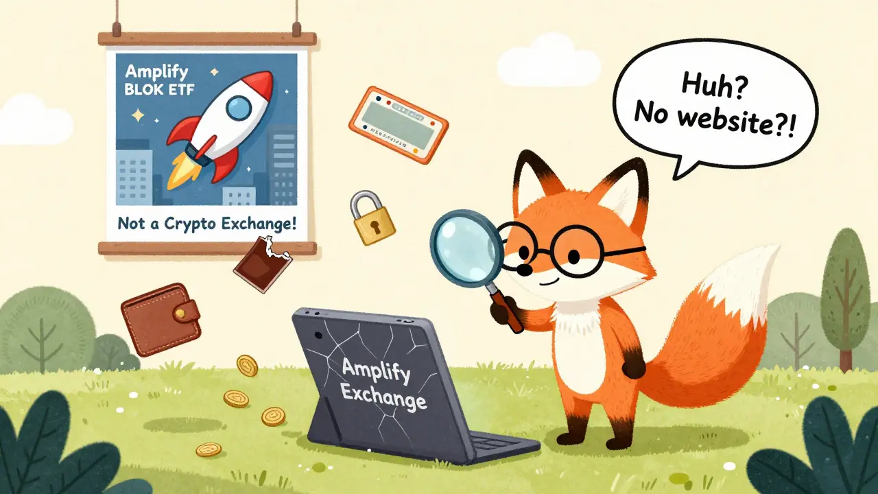 A fox uses a magnifying glass over a blank tablet labeled 'Amplify Exchange' as clues like a missing license and empty wallet float around it.