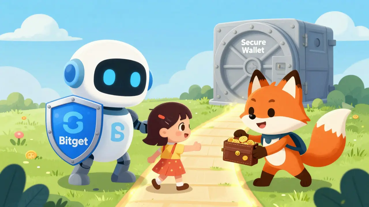 A friendly robot protects a girl from a sneaky fox trying to steal her crypto wallet.