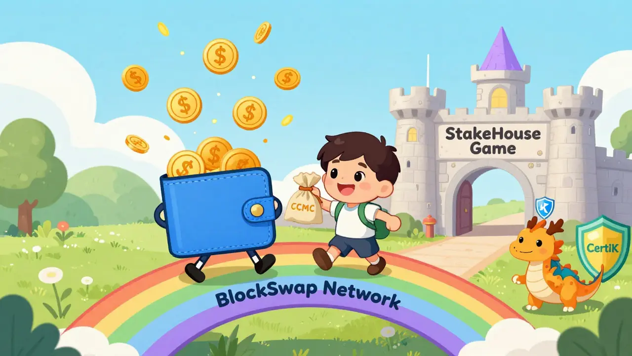 A friendly wallet walking across a rainbow bridge to a castle labeled 'StakeHouse Game' with rewards raining down.