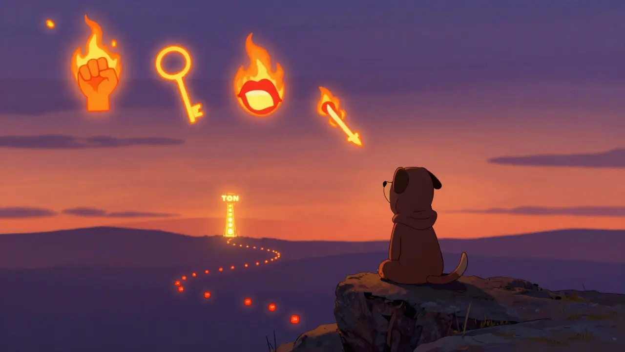 A hooded dog watches digital protest flames at sunset, with REDO tokens glowing like fireflies.