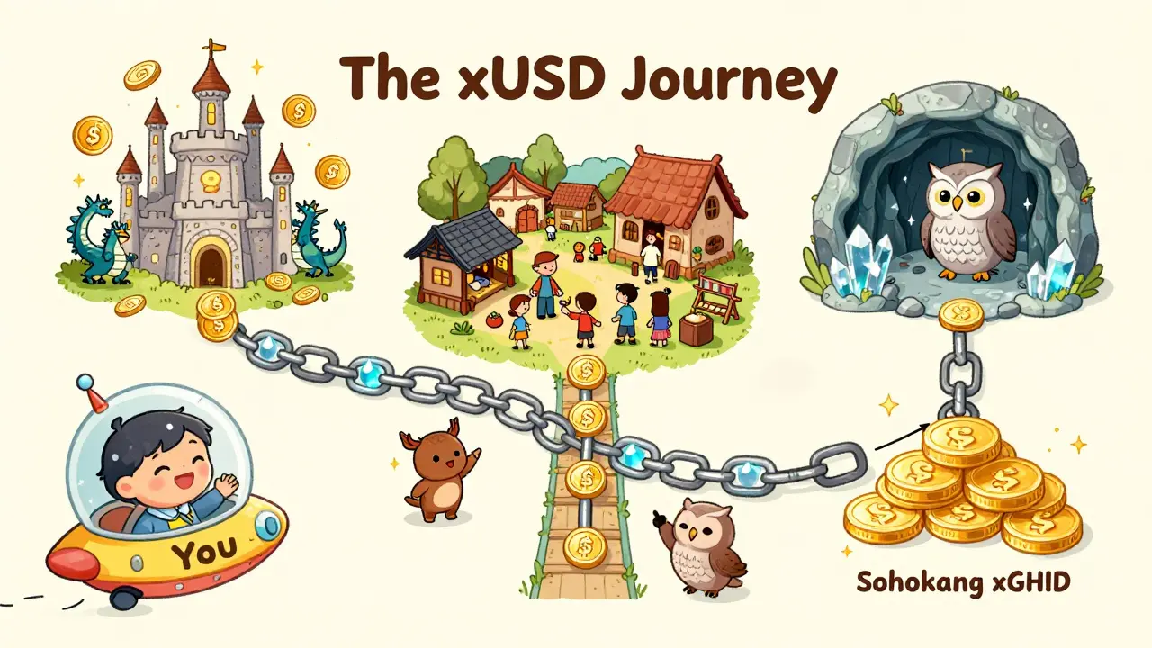 A magical map showing three paths for using xUSD: DeFi, payments, and tokenized assets, with a child choosing a path.