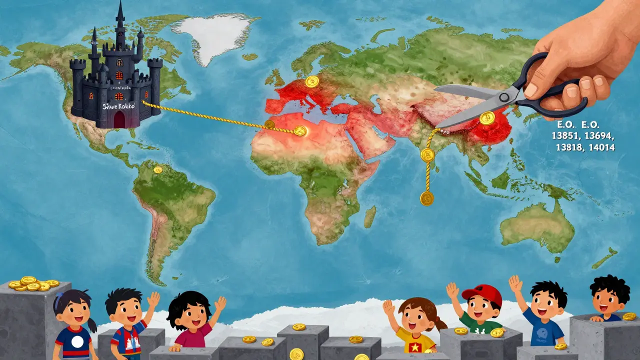 A red-glowing Southeast Asia connected by crypto ropes to the U.S., where a giant hand cuts one with scissors.