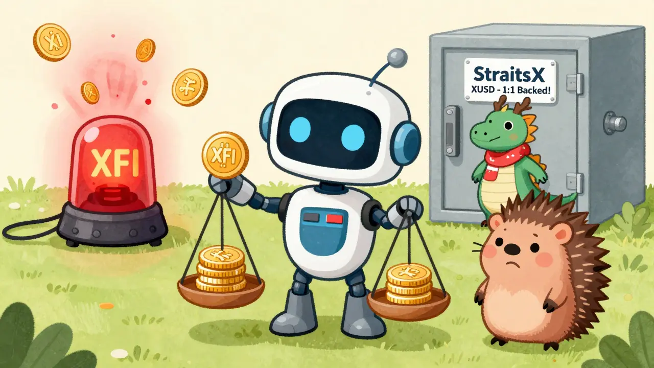 A robot balancing crypto and stablecoin coins while a hedgehog watches, with a safe vault in the background.