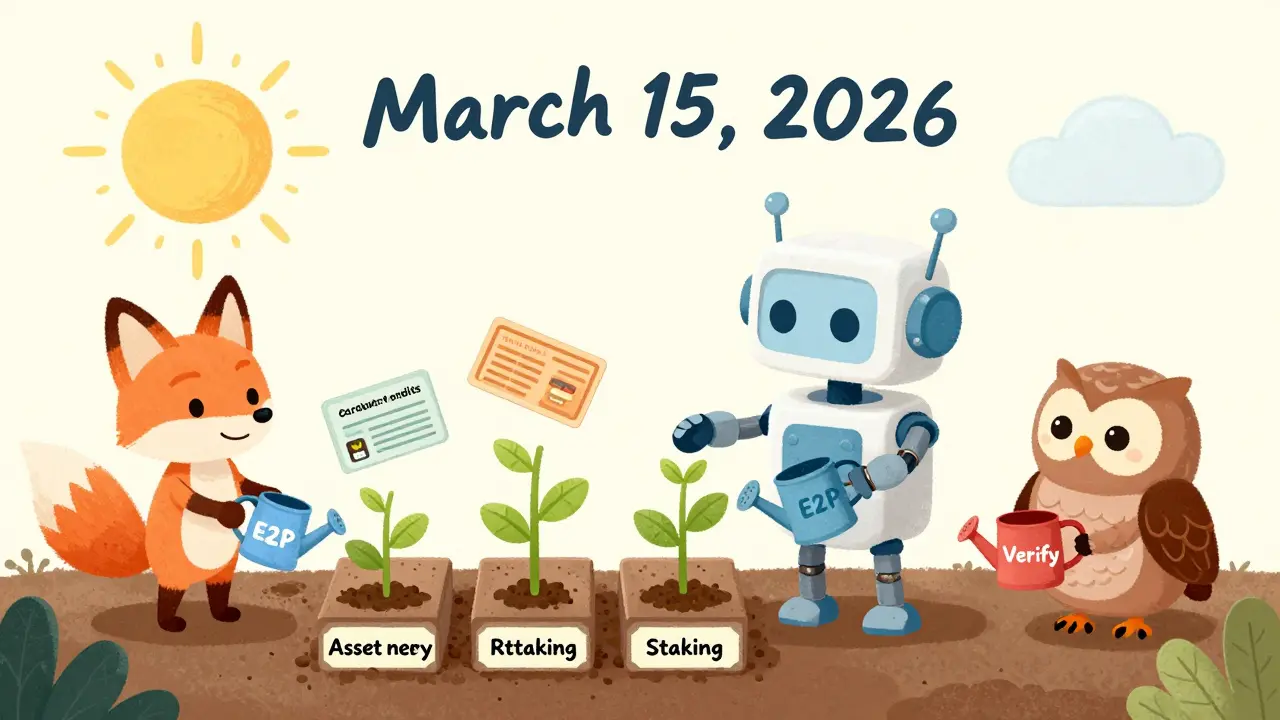 A robot planting a blockchain seed that grows into property deeds and carbon credits, with two animals watering it under a sunrise.