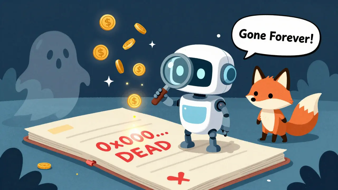 A robot points to a dead address where tokens vanish into sparkles, while a fox stares at a ghostly token.
