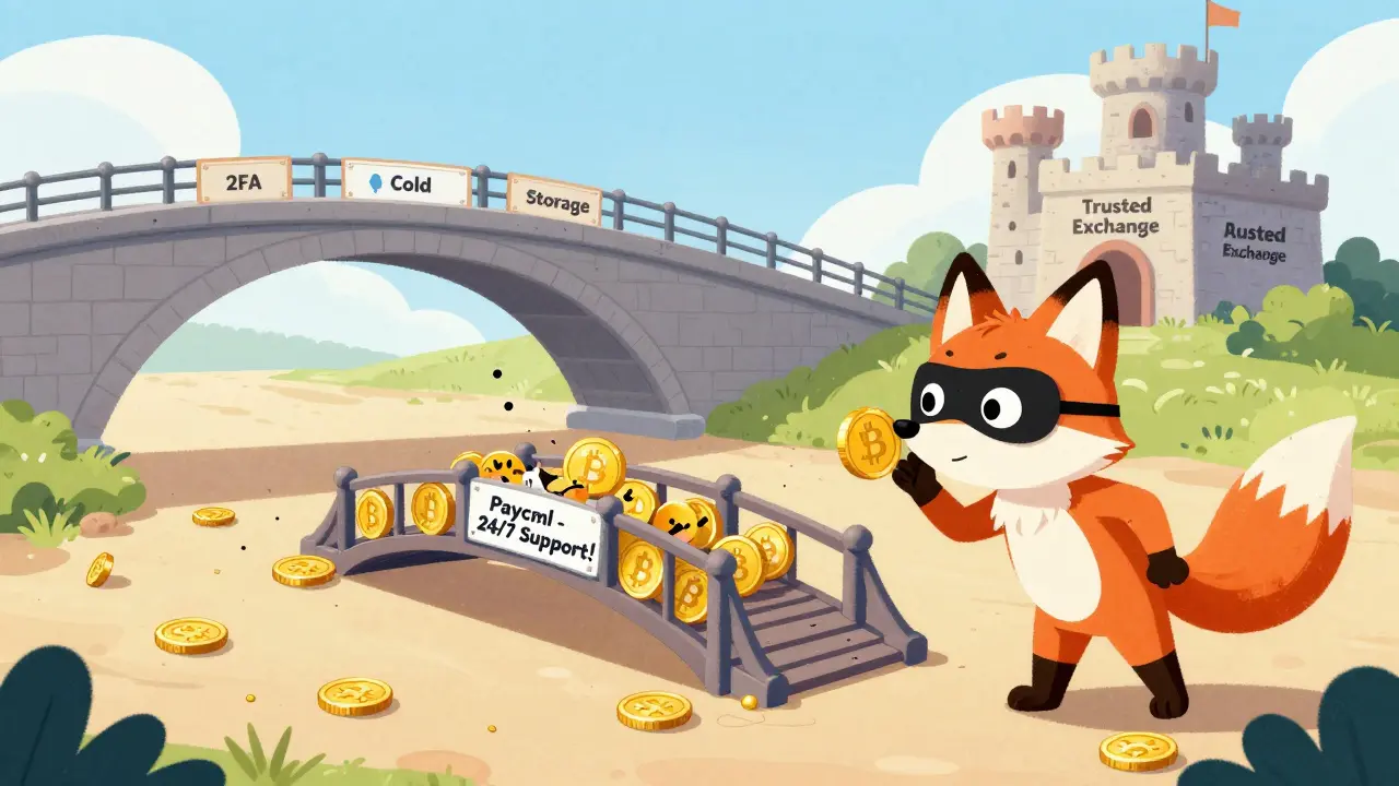 A sneaky fox tricks crypto coins with a broken bridge labeled 'Paycml' while a safe bridge leads to trusted exchanges.