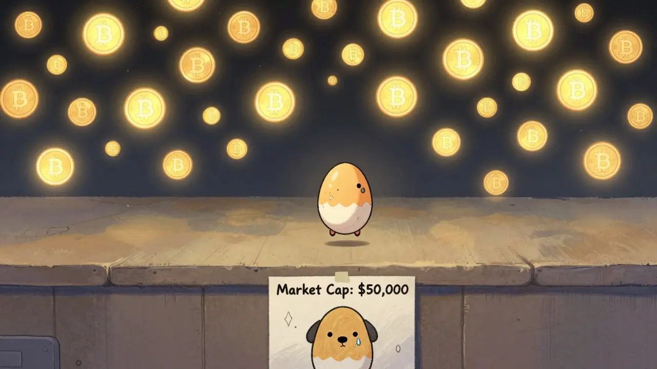 A tiny, lonely eggdog floating alone among giant, bright crypto tokens in a vast empty space.
