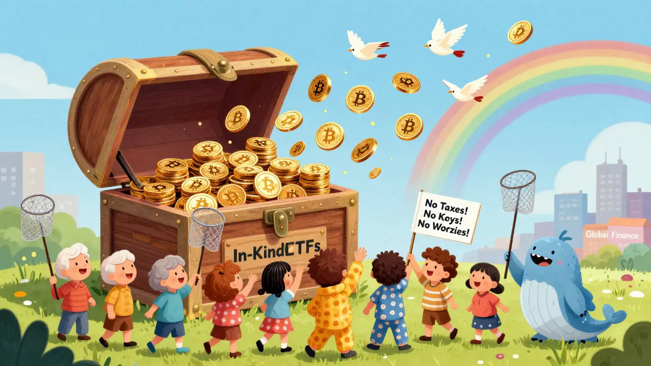 A treasure chest opens to release Bitcoin and Ethereum coins turning into golden ETF shares flying into the sky.