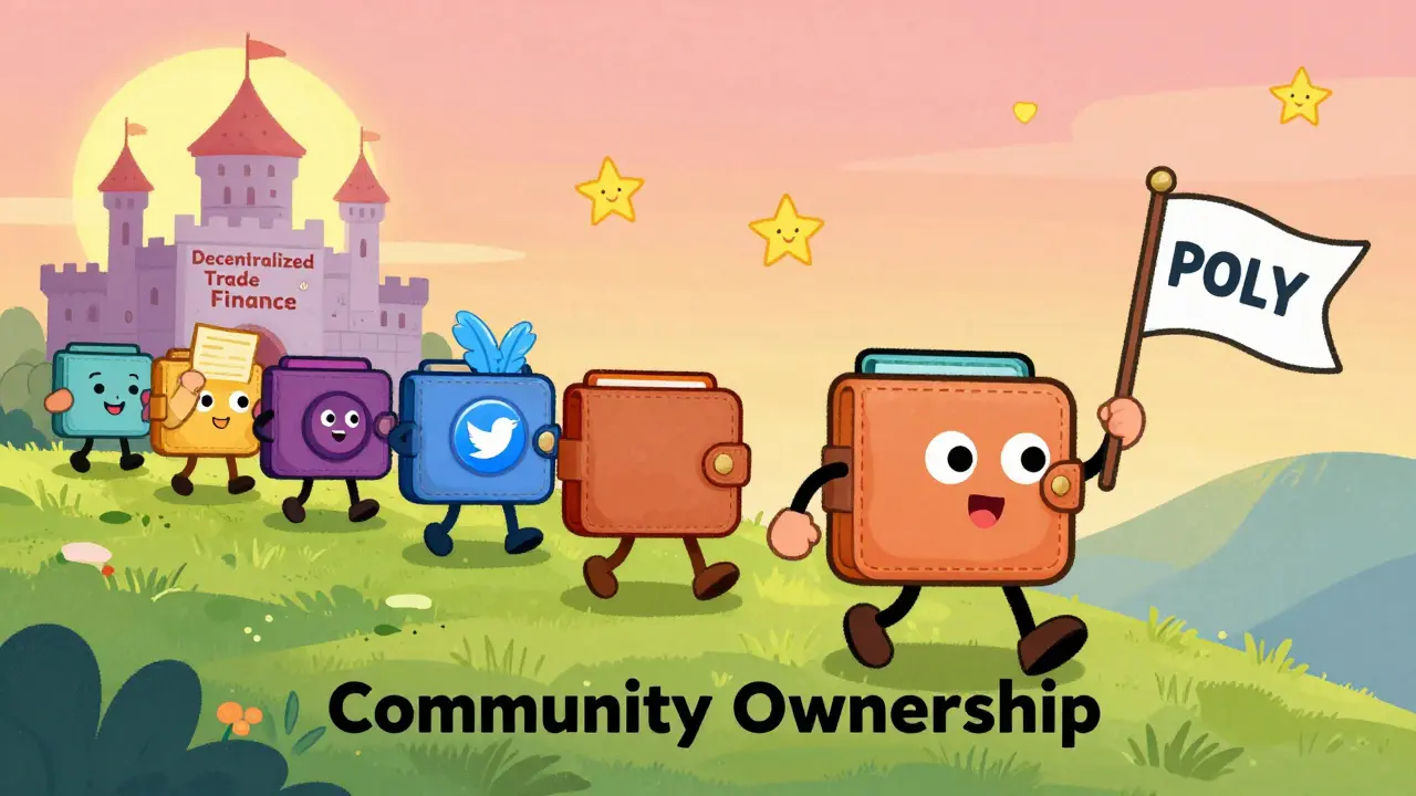 A wallet hero climbs toward a castle of decentralized trade, followed by other community wallets.