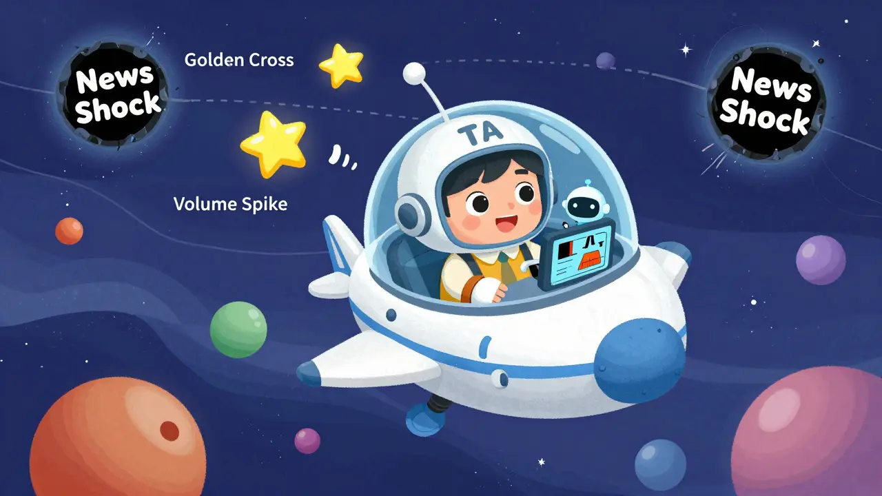 A young trader in a spaceship navigating a cosmic market filled with bouncing balls and floating trading signals.