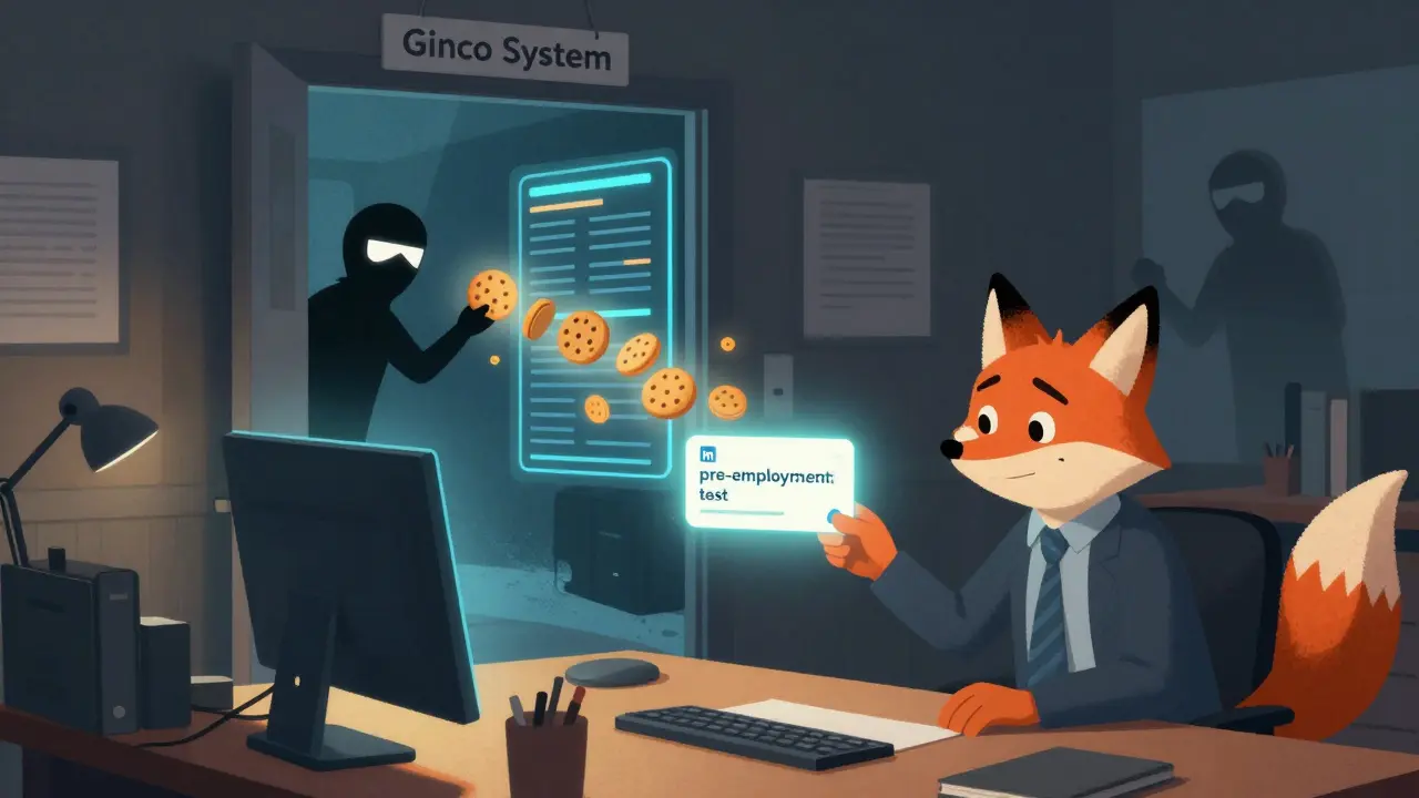An employee clicks a fake LinkedIn job offer, sending glowing cookies into a hidden system, illustrated in soft children's book style.