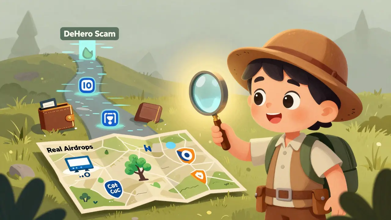 An explorer child examining a map of real airdrops, with a glitchy scam path leading to empty wallets.