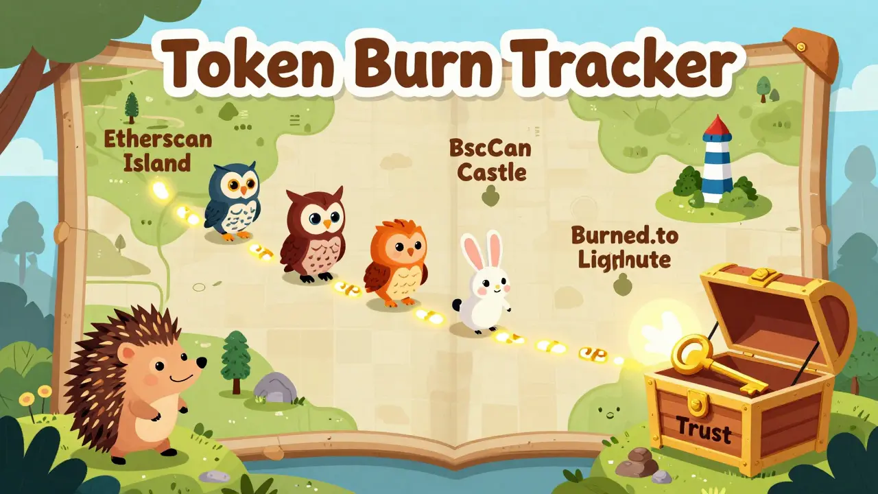 Animal adventurers follow a treasure map to a chest labeled 'Verified Burn', finding a golden key of trust.