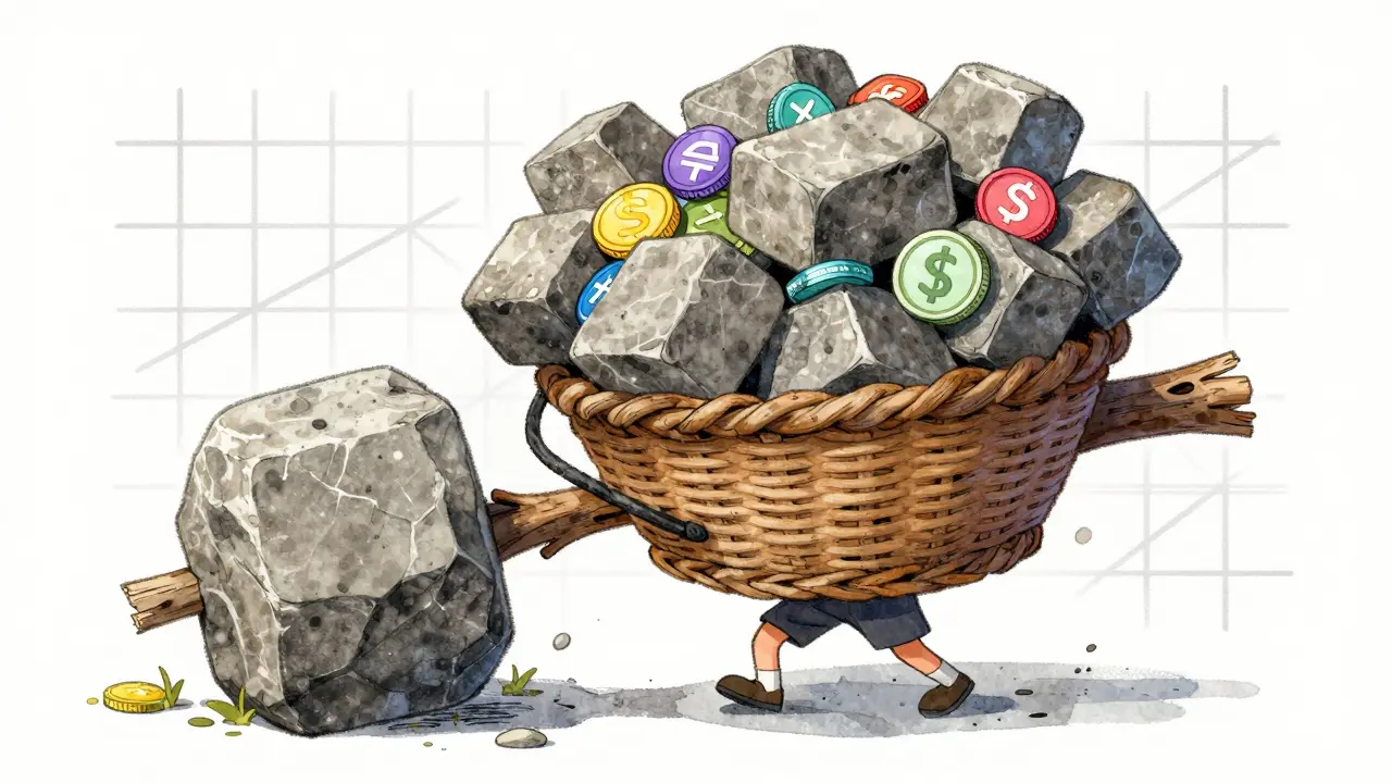 Character carrying heavy bag of tokens weighed by stones.