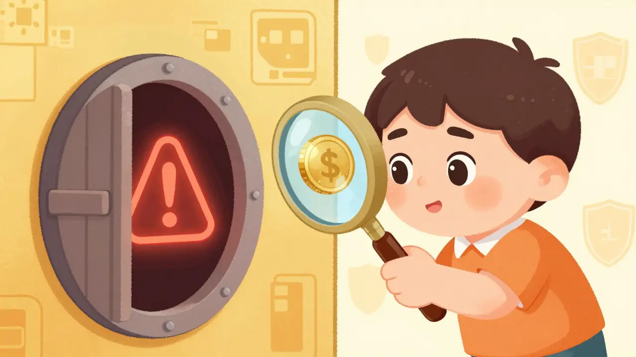 Character inspecting a coin with a magnifying glass near a trap.