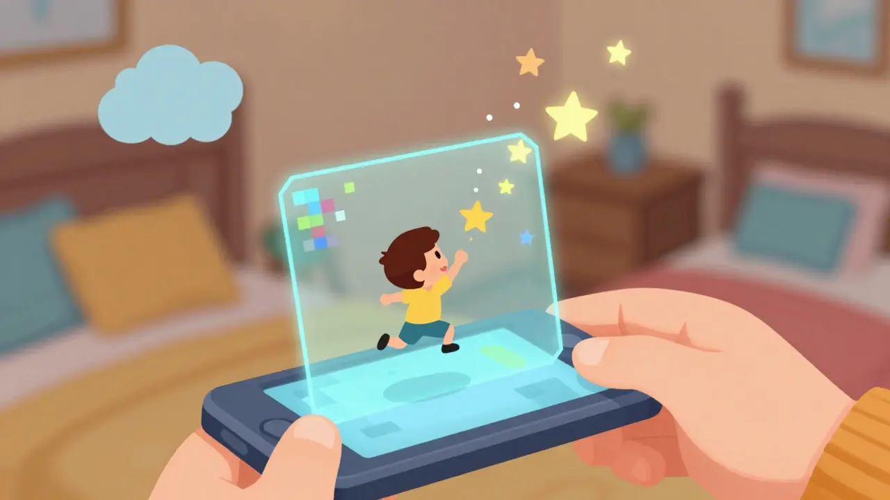 Child filming a basketball jump with a phone emitting pixelated light effects.