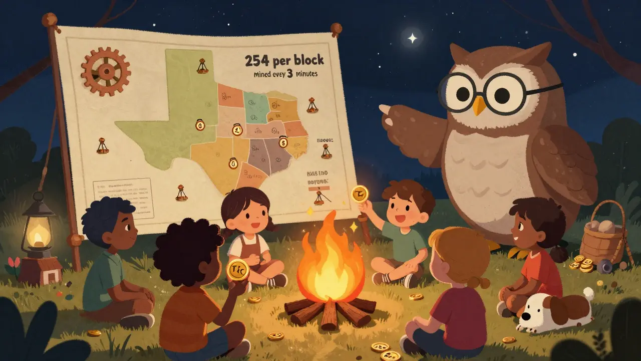 Children around a campfire learning about TXC mining with a wise owl, Texas map, and mining rigs shaped like boots.