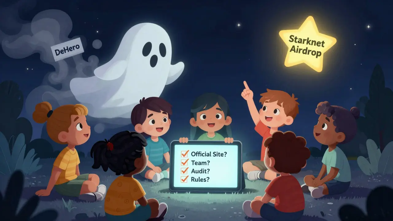 Children checking a safety checklist for airdrops, while a ghostly 'DeHero' sign fades away.