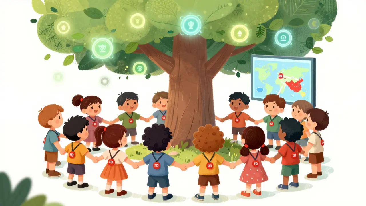 Children hold REDO pendants before a digital tree with blockchain leaves connecting global regions.