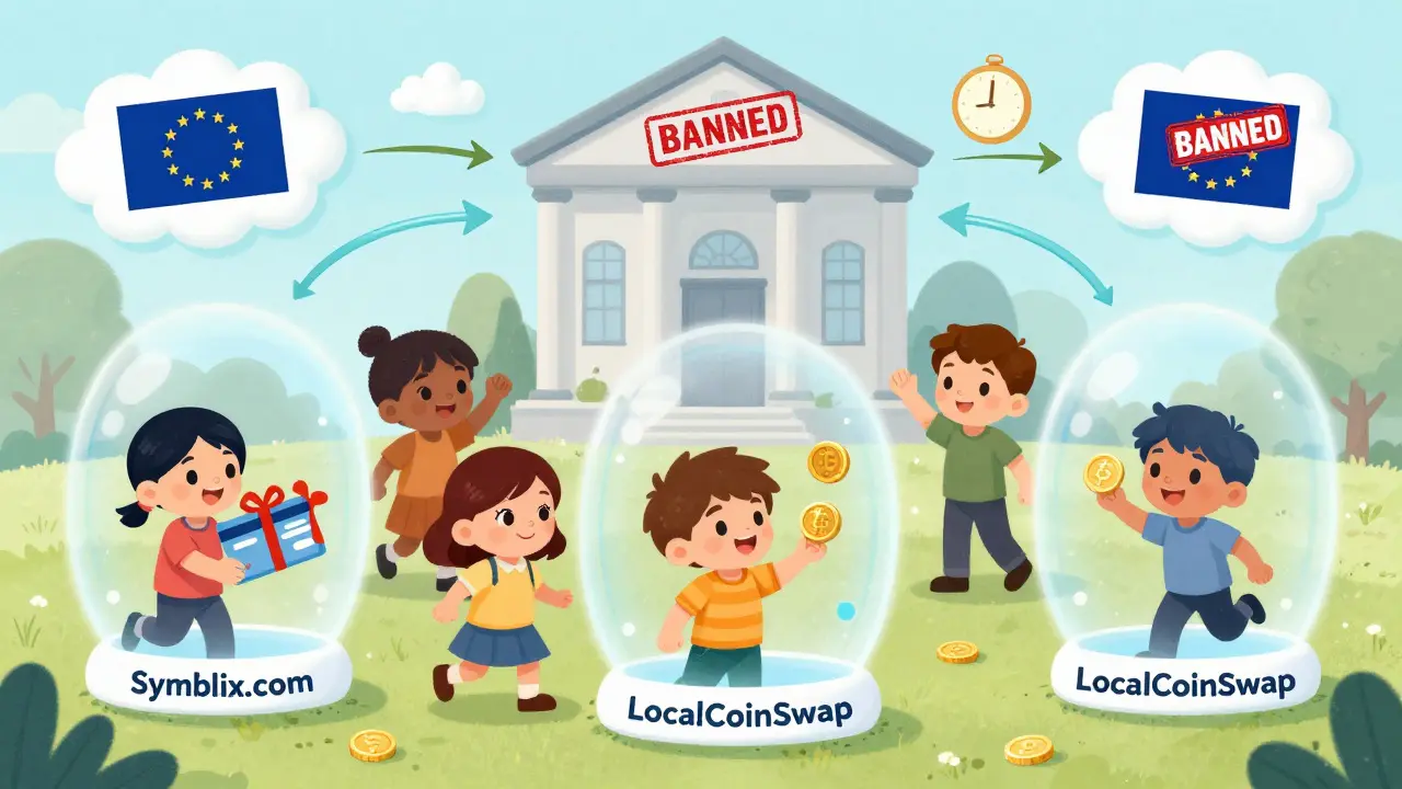 Children use magical portals to trade crypto with gift cards and coins, while a banned bank fades away.
