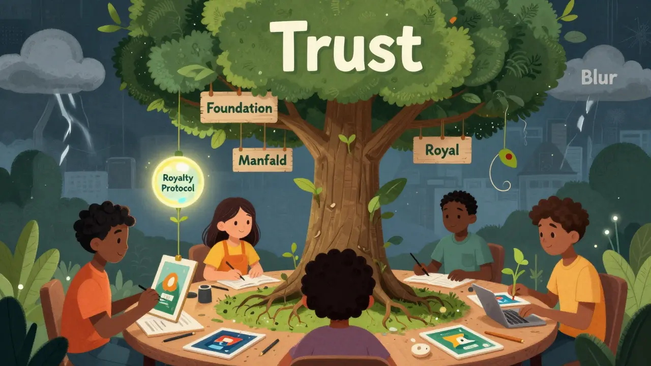 Creators sit around a table as their NFTs grow into a trust tree, with labeled platforms above and a storm cloud in the distance.