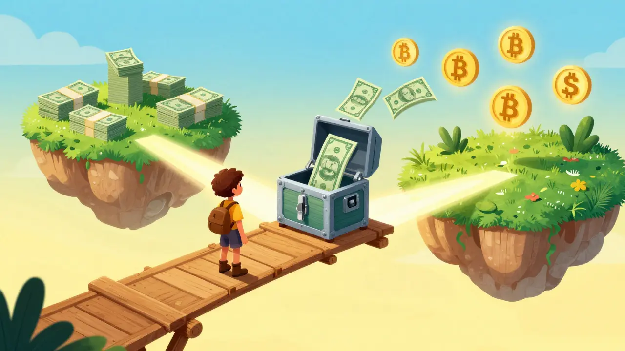 Explorer crossing a light bridge connecting cash to digital assets.