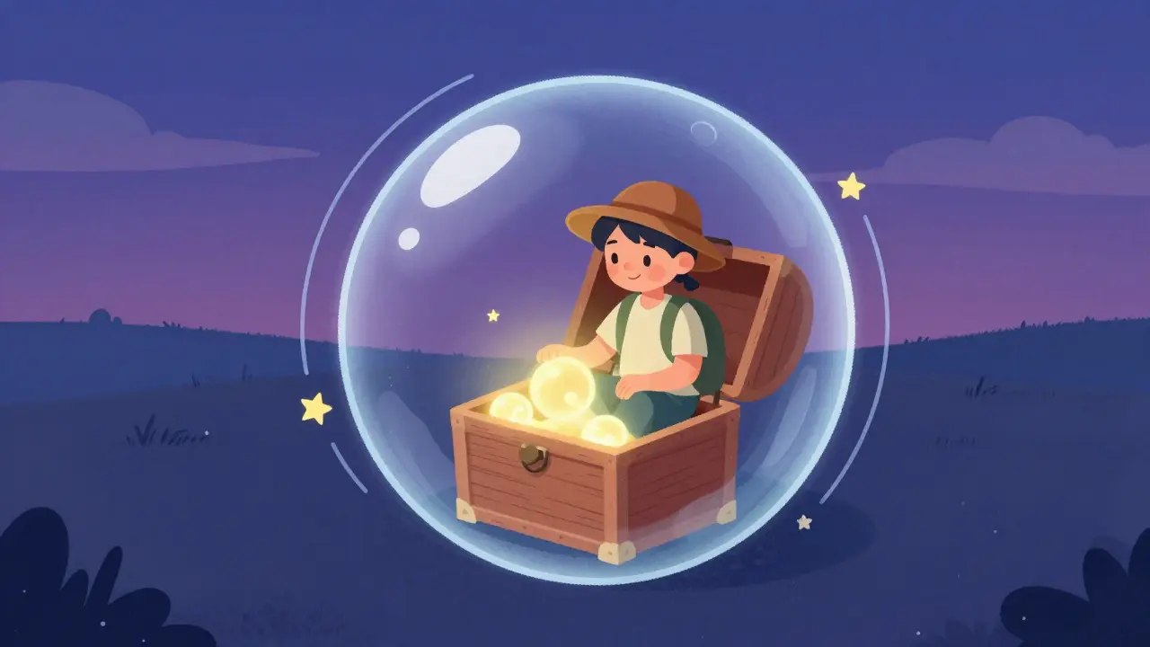Explorer resting inside a glowing shield protecting a treasure chest.