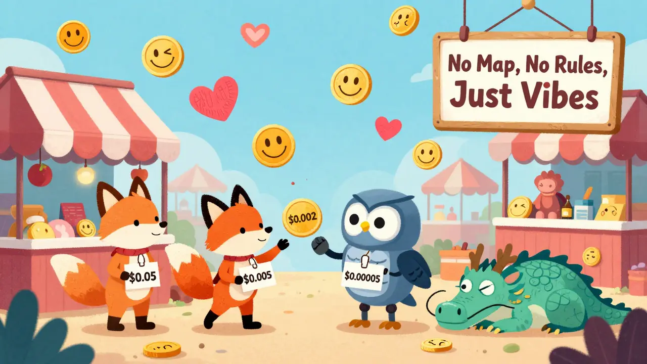 Floating heart coins with different prices traded between cartoon animals in a whimsical sky marketplace.