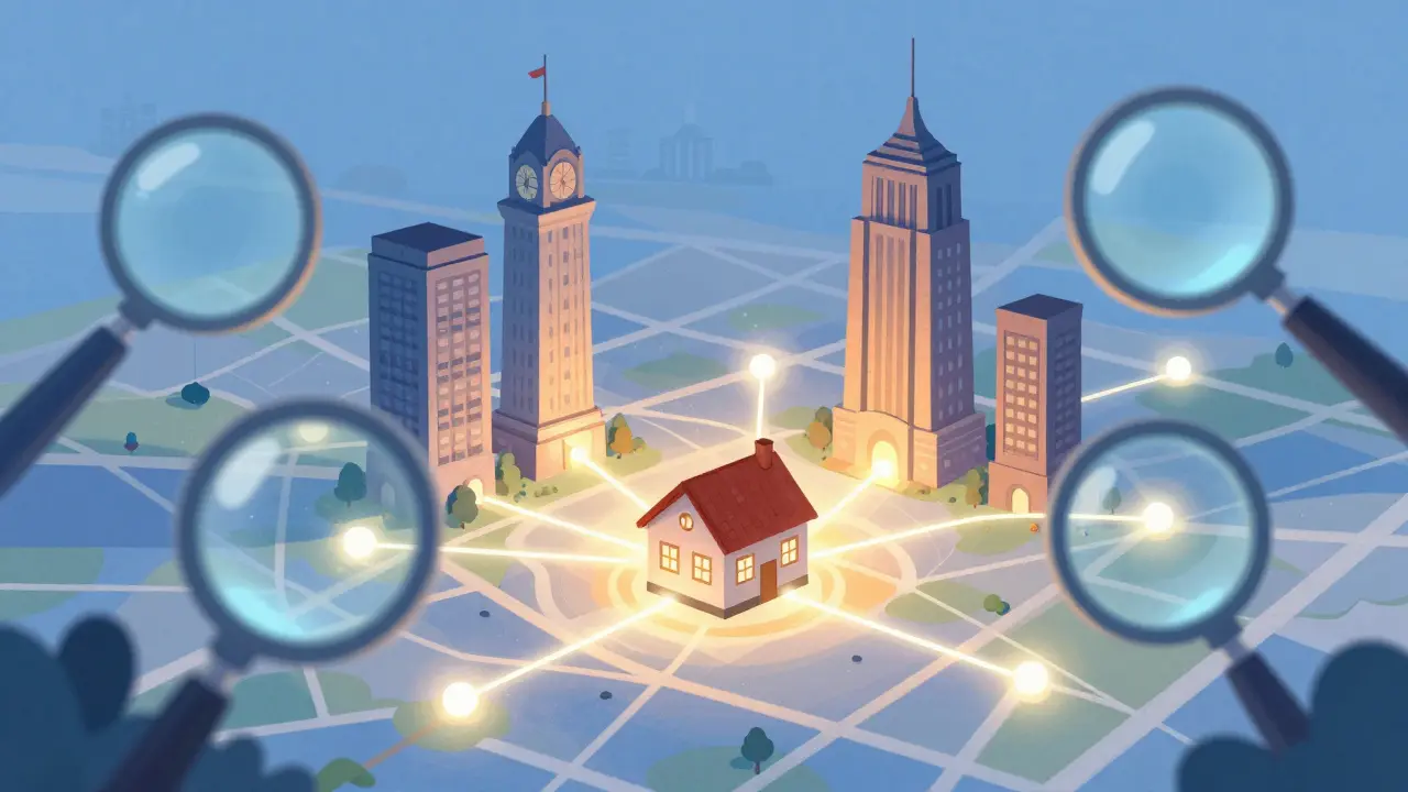 House connected to towers with magnifying glasses watching.