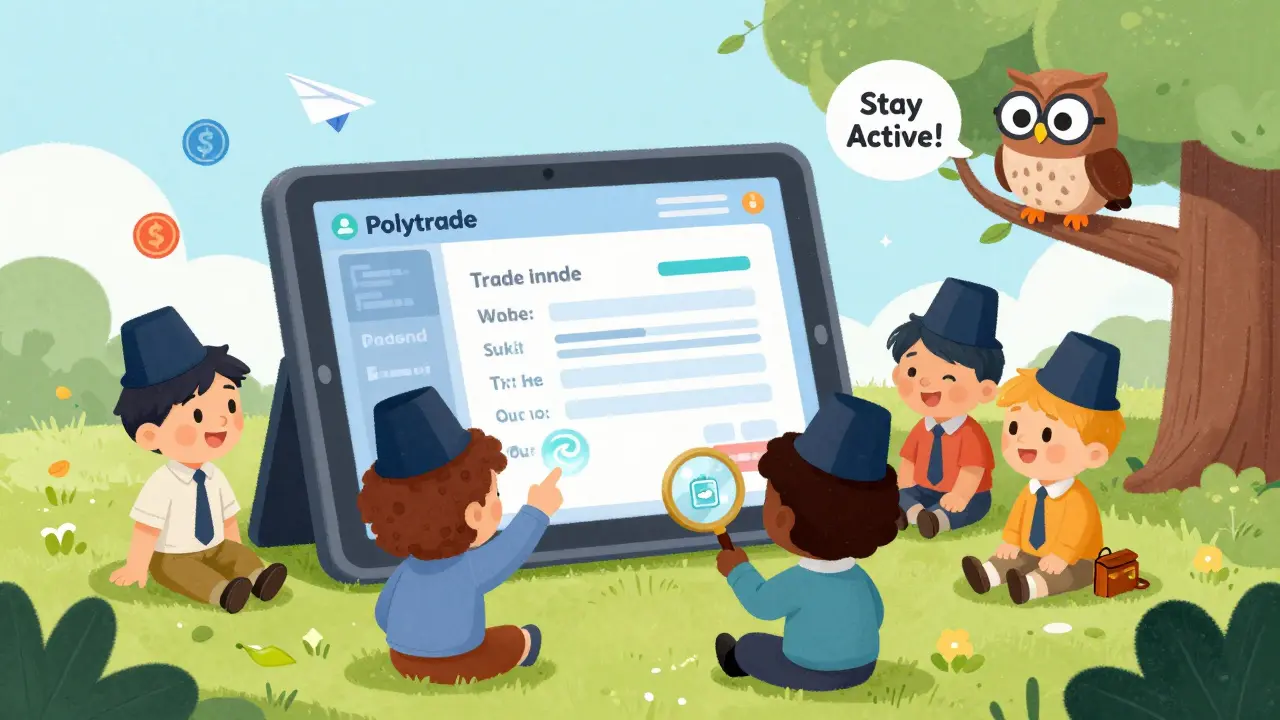 Kids explore a Polytrade dashboard with a wise robot owl, surrounded by floating token airplanes.