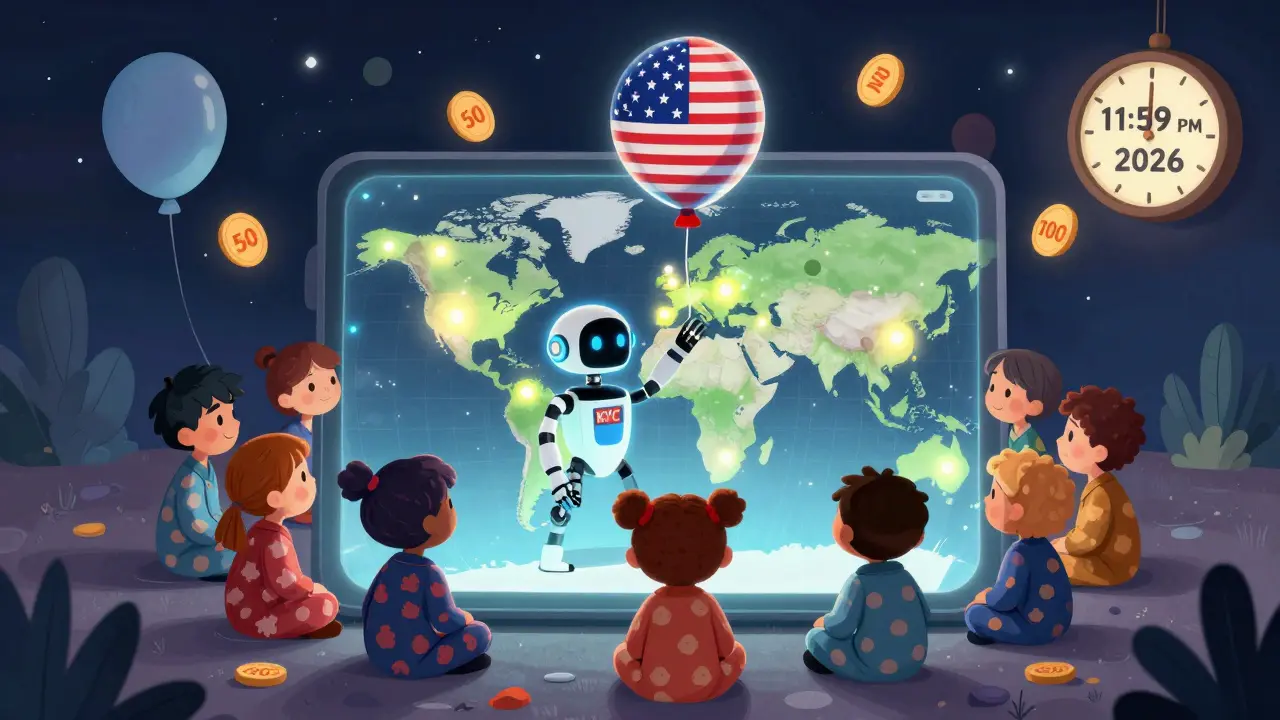 Kids watching a world map with blinking dots as a KYC robot blocks a U.S. balloon, with floating tokens and a clock showing the airdrop end time.
