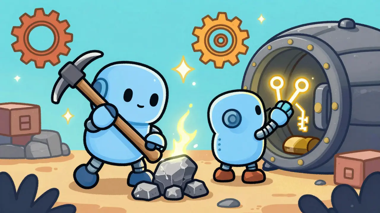 Robot miners and stakers working in colorful workshop.