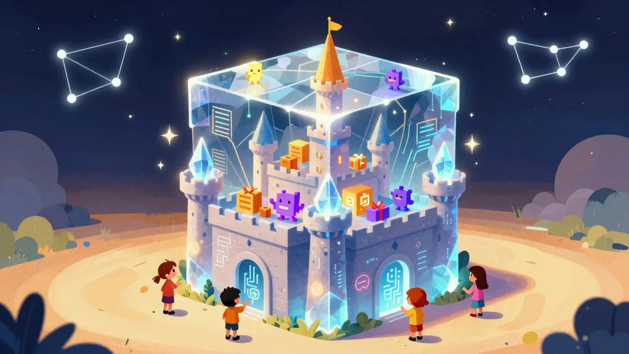 Secure blockchain castle protecting digital treasures