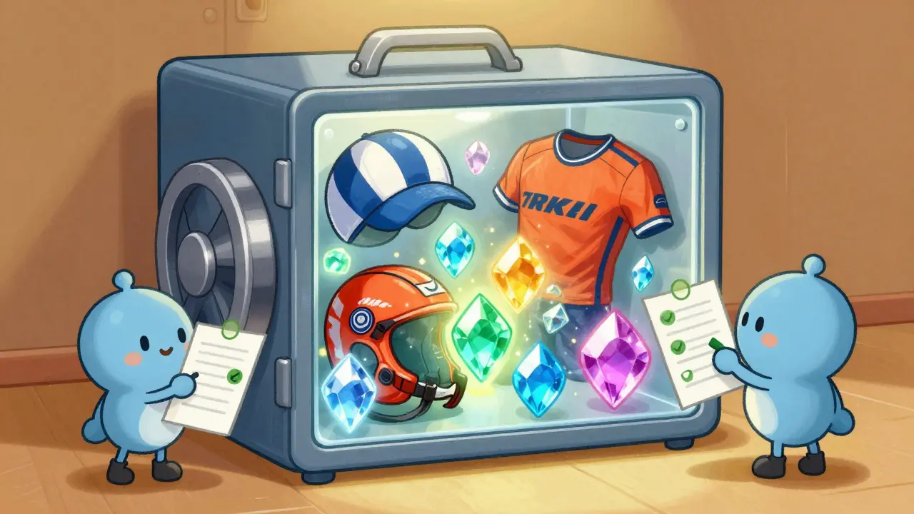 Transparent vault box filled with sports gear turning into glowing gems with guardians.