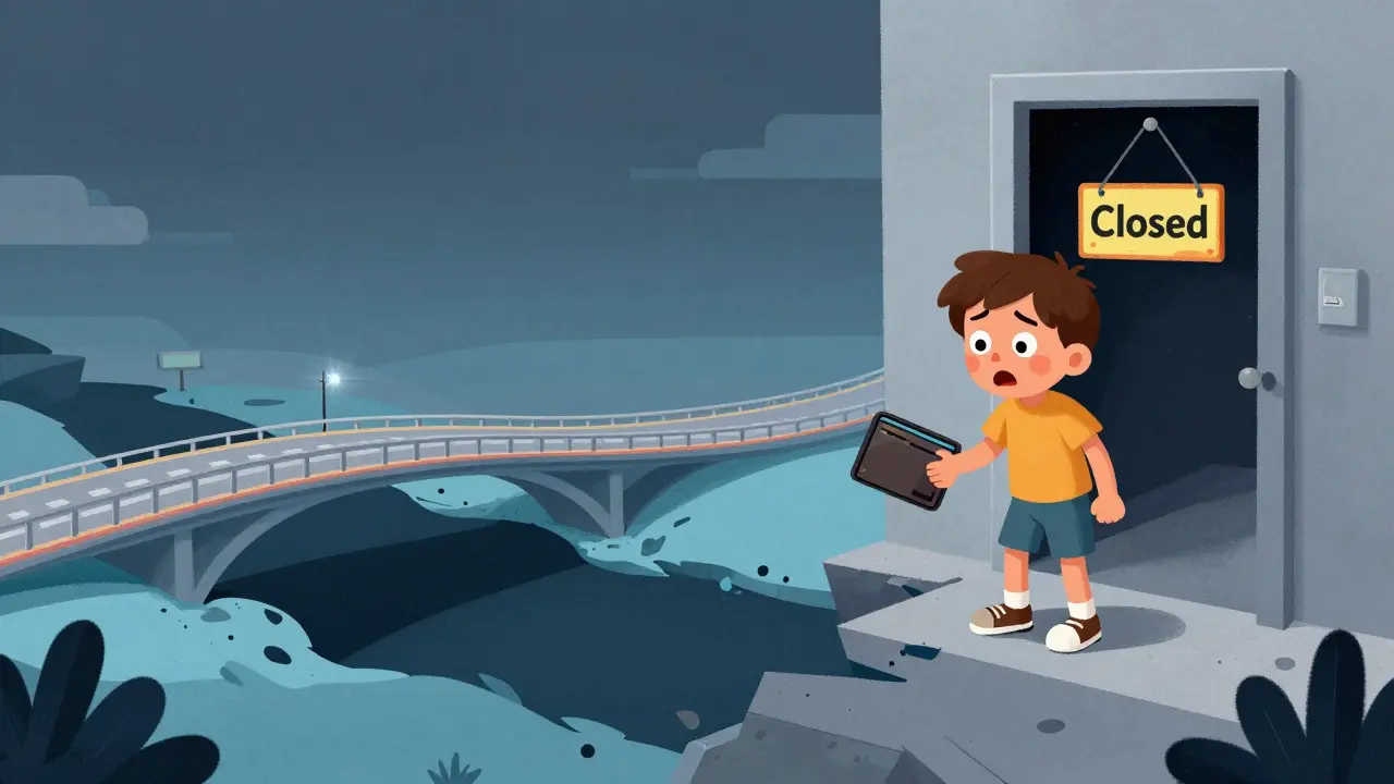 A cartoon character looking sad next to a collapsed digital bridge and a closed sign.